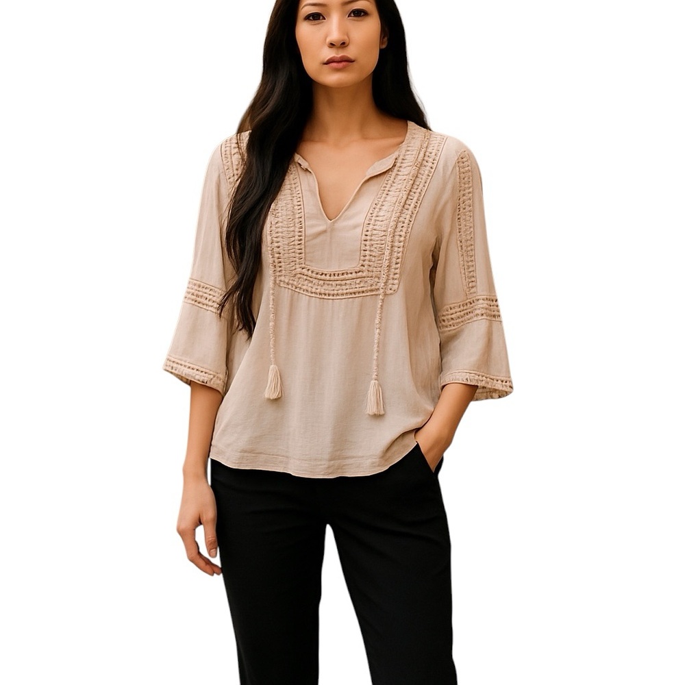 KUT FROM THE KLOTH BOHO BEIGE TASSEL RAYON TUNIC BLOUSE TOP M
